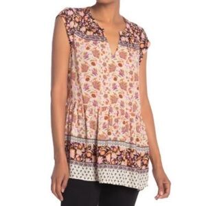 DR2 High Low Floral Print V Neck Peplum Hem Tunic Style Top